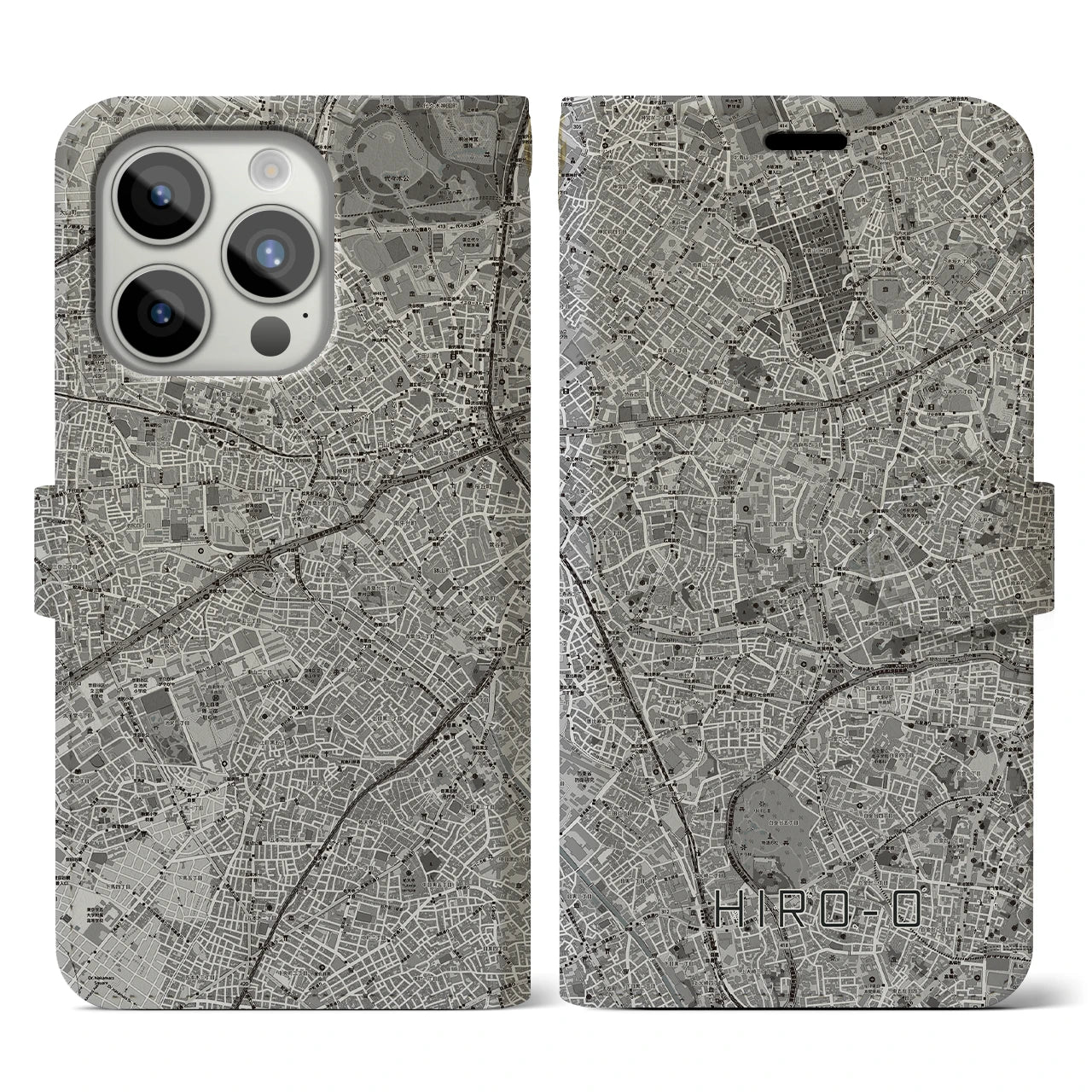 【広尾(東京都)】地図柄iPhoneケース(手帳タイプ)モノトーン・iPhone 15 Pro 用