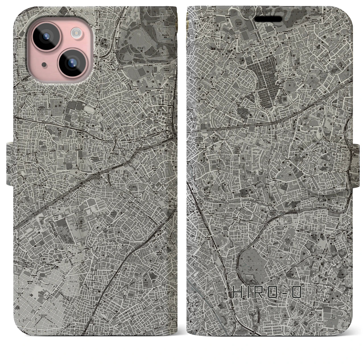 【広尾(東京都)】地図柄iPhoneケース(手帳タイプ)モノトーン・iPhone 15 Plus 用