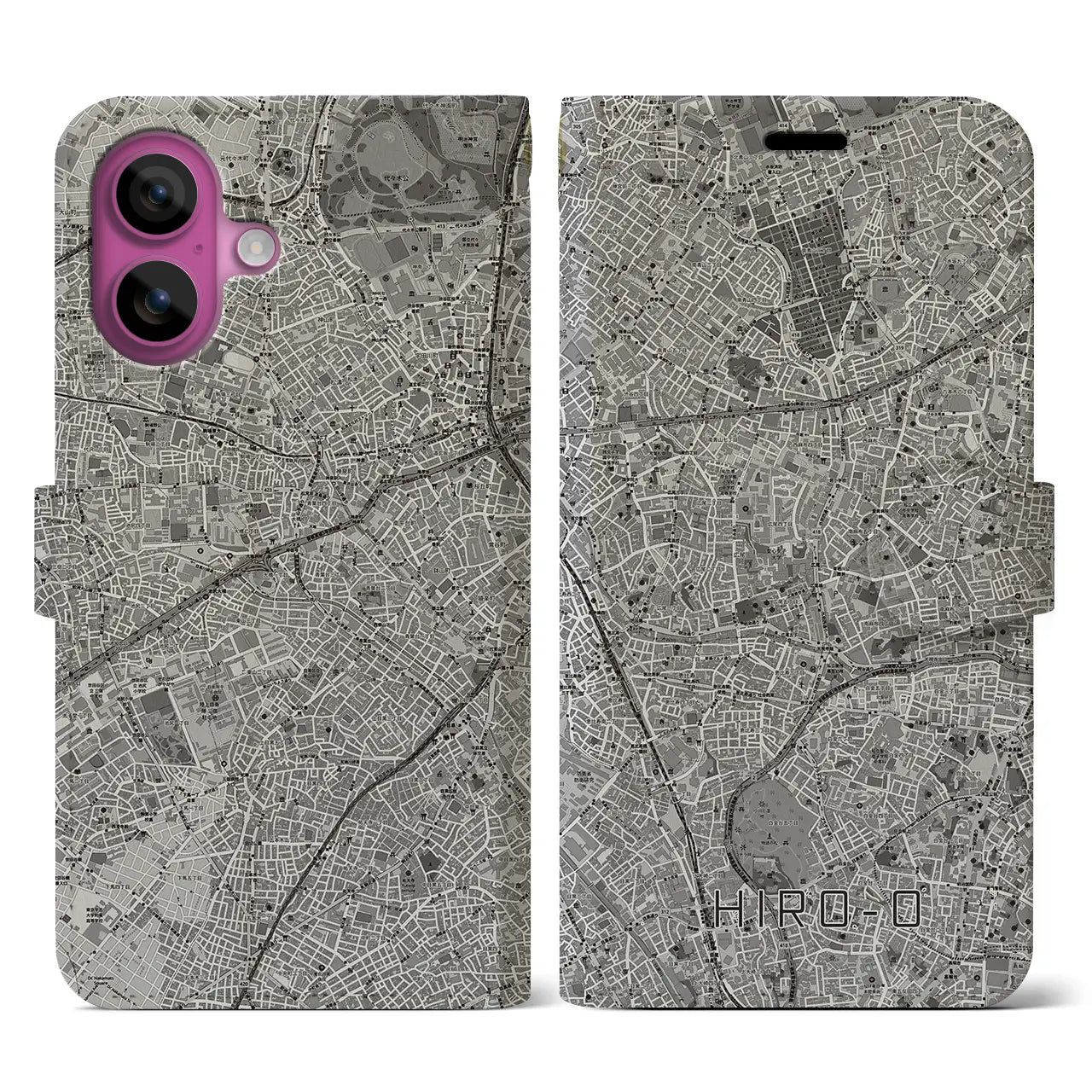 【広尾(東京都)】地図柄iPhoneケース(手帳タイプ)モノトーン・iPhone 16 Pro 用