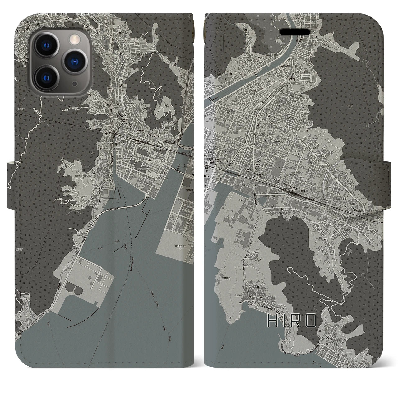 【広(広島県)】地図柄iPhoneケース(手帳タイプ)モノトーン・iPhone 11 Pro Max 用