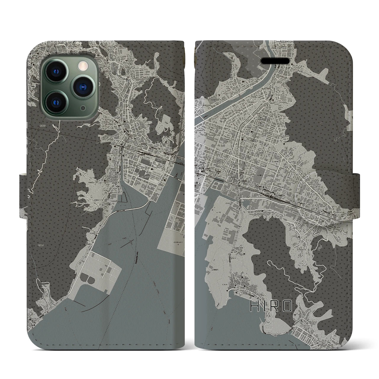 【広(広島県)】地図柄iPhoneケース(手帳タイプ)モノトーン・iPhone 11 Pro 用