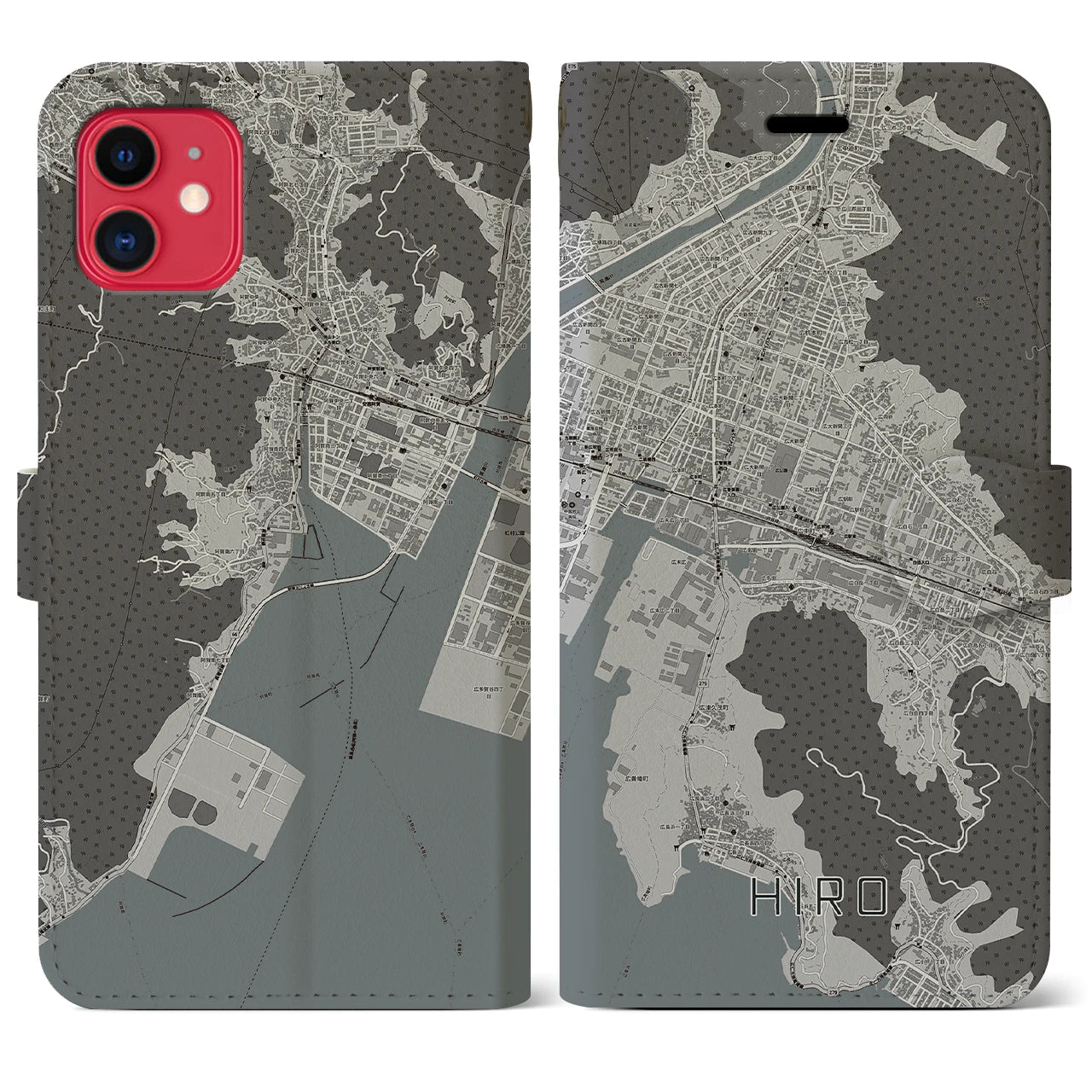 【広(広島県)】地図柄iPhoneケース(手帳タイプ)モノトーン・iPhone 11 用