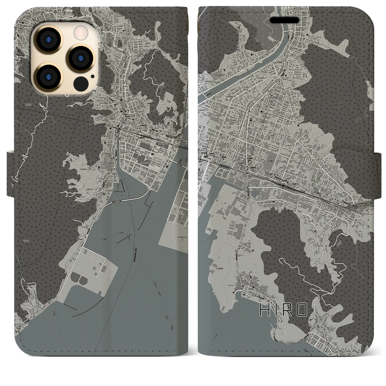 【広(広島県)】地図柄iPhoneケース(手帳タイプ)モノトーン・iPhone 12 Pro Max 用