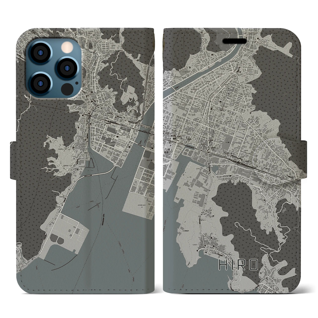 【広(広島県)】地図柄iPhoneケース(手帳タイプ)モノトーン・iPhone 12 / 12 Pro 用
