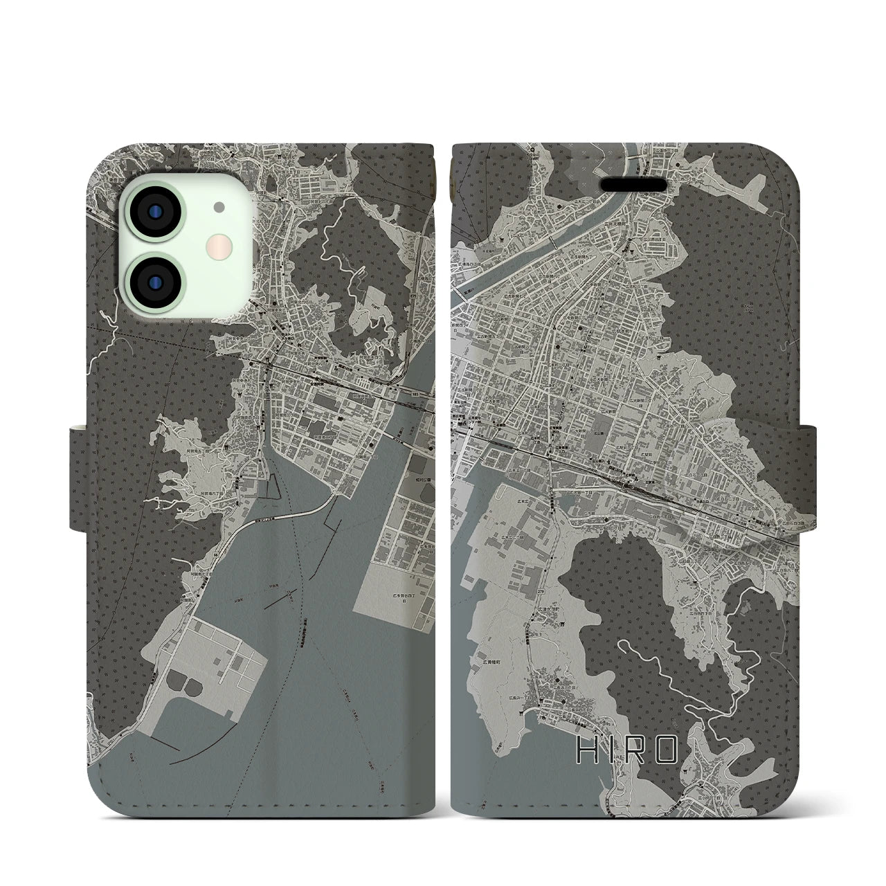 【広(広島県)】地図柄iPhoneケース(手帳タイプ)モノトーン・iPhone 12 mini 用