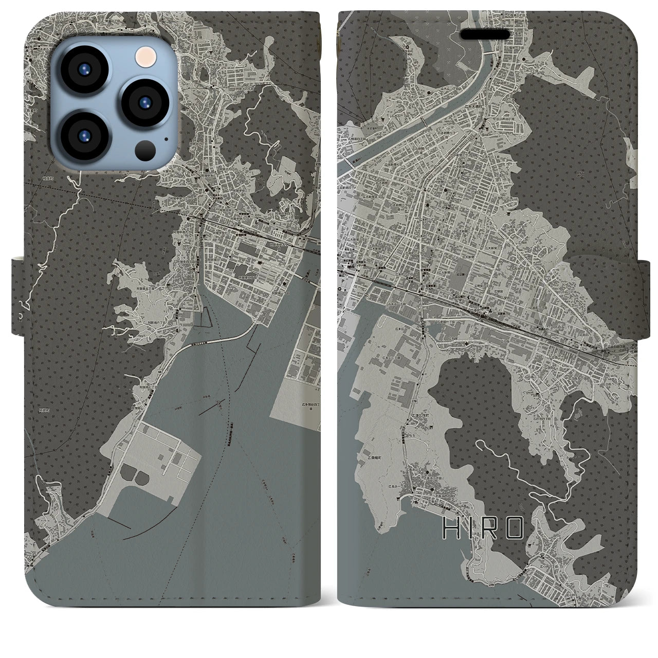 【広(広島県)】地図柄iPhoneケース(手帳タイプ)モノトーン・iPhone 13 Pro Max 用