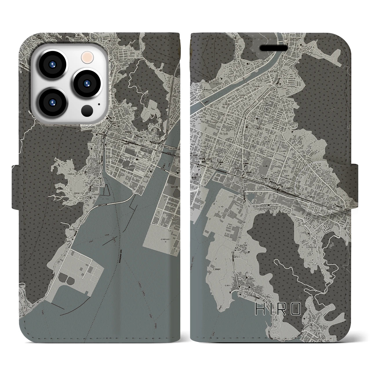 【広(広島県)】地図柄iPhoneケース(手帳タイプ)モノトーン・iPhone 13 Pro 用