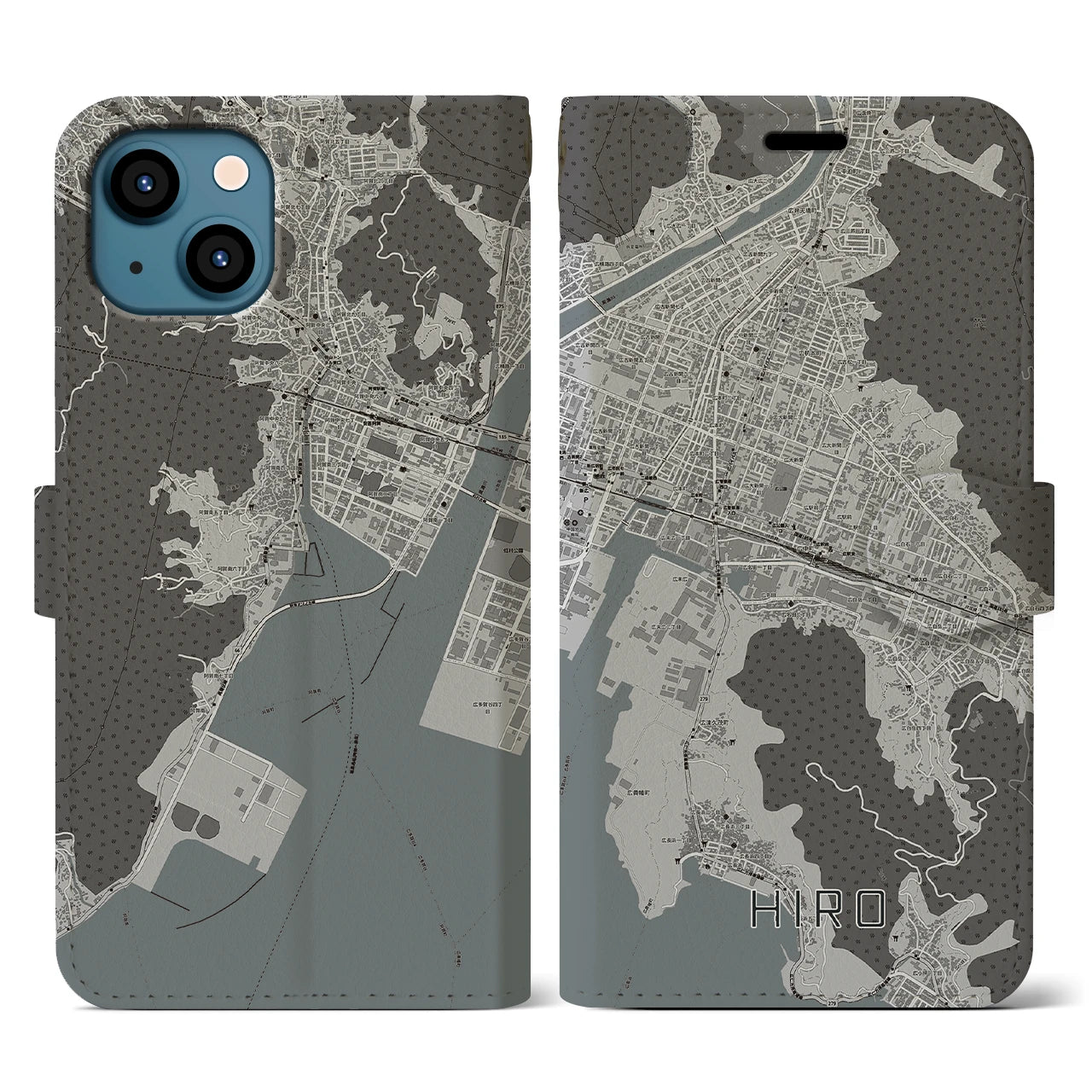 【広(広島県)】地図柄iPhoneケース(手帳タイプ)モノトーン・iPhone 13 用
