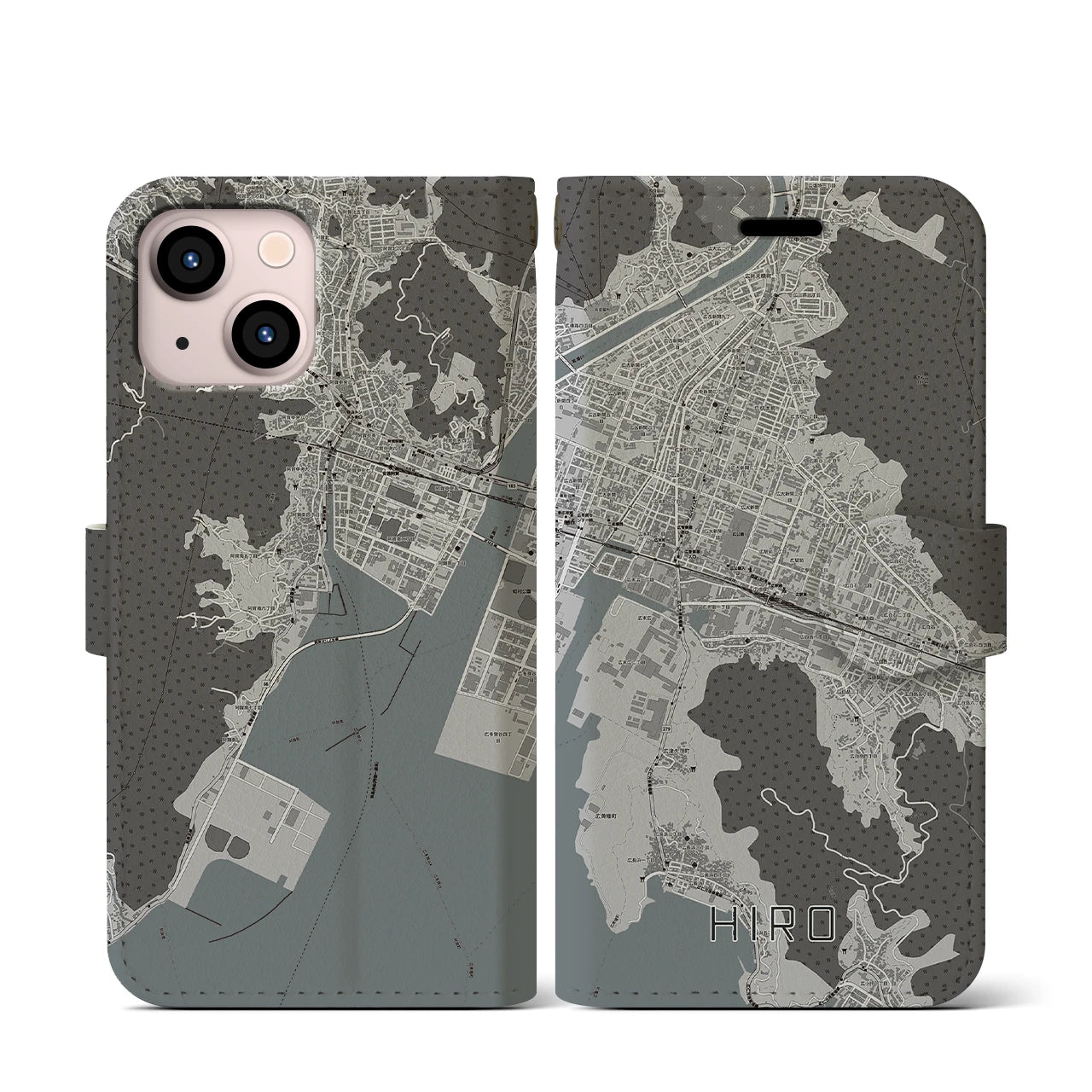 【広(広島県)】地図柄iPhoneケース(手帳タイプ)モノトーン・iPhone 13 mini 用