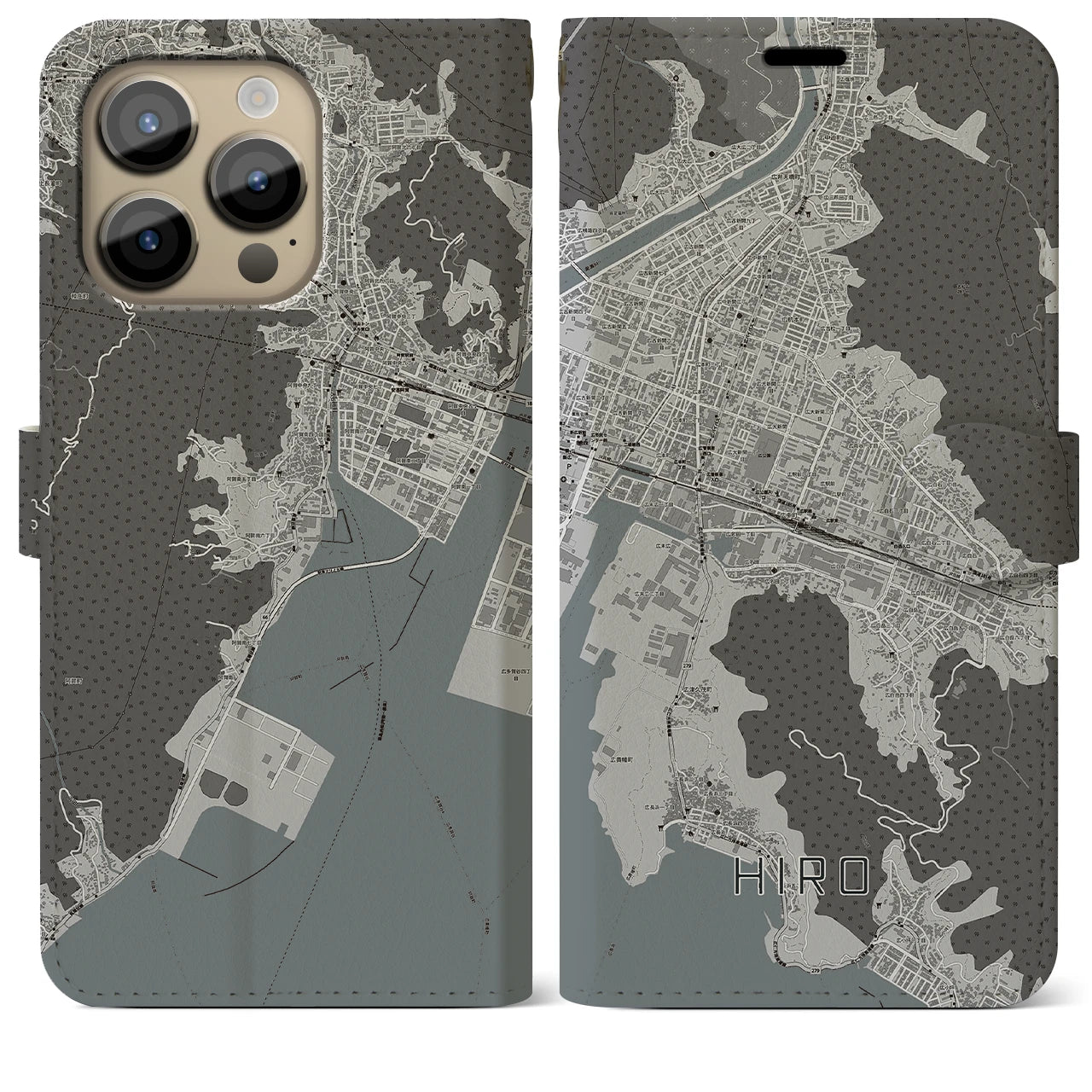【広(広島県)】地図柄iPhoneケース(手帳タイプ)モノトーン・iPhone 14 Pro Max 用