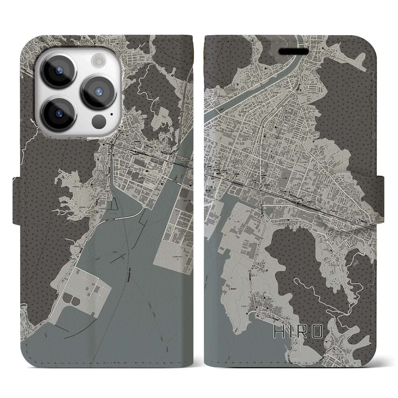 【広(広島県)】地図柄iPhoneケース(手帳タイプ)モノトーン・iPhone 14 Pro 用