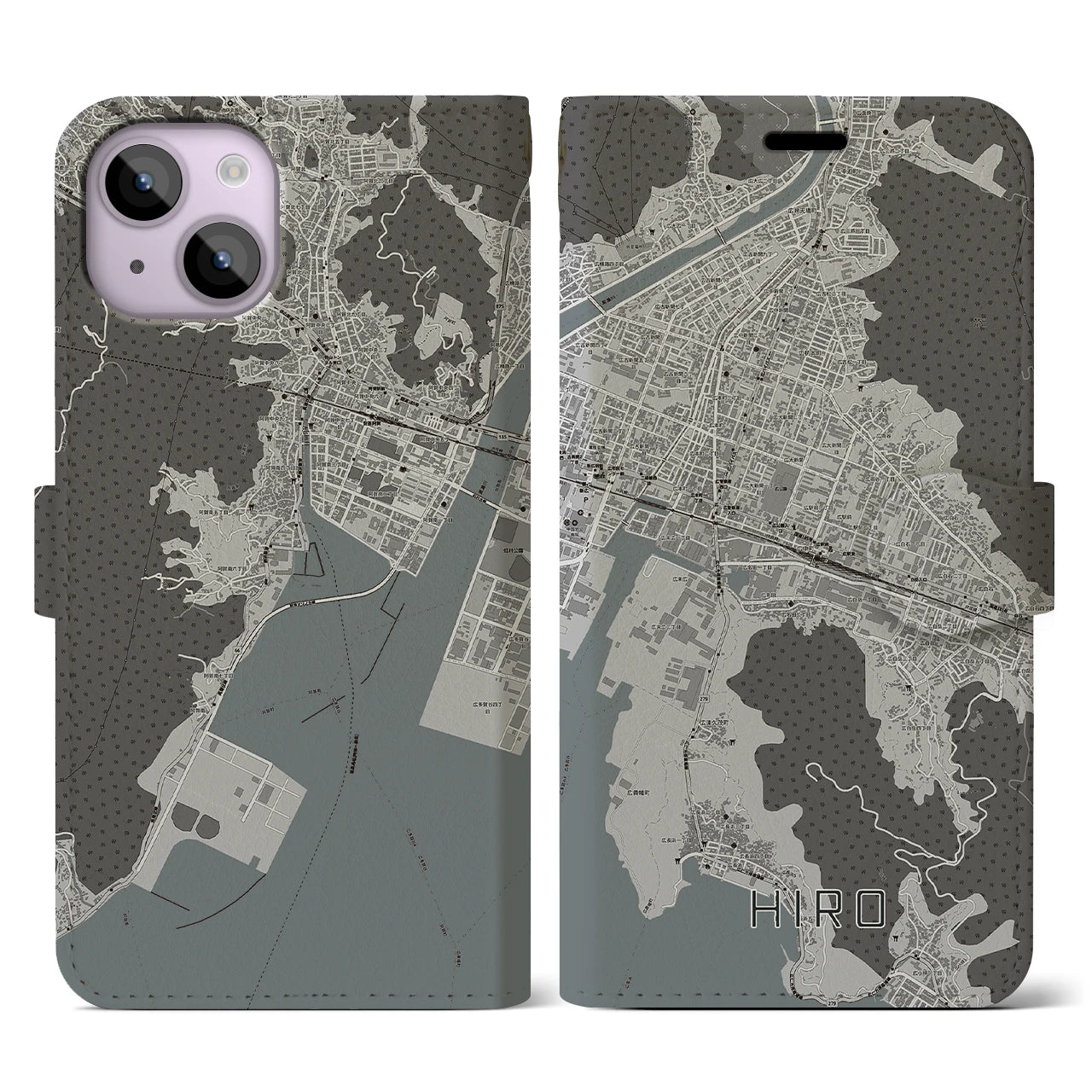 【広(広島県)】地図柄iPhoneケース(手帳タイプ)モノトーン・iPhone 14 用