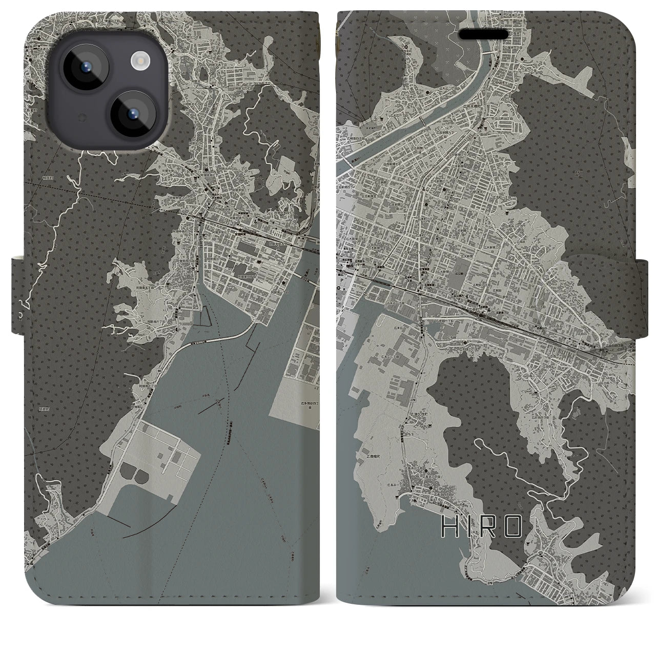 【広(広島県)】地図柄iPhoneケース(手帳タイプ)モノトーン・iPhone 14 Plus 用