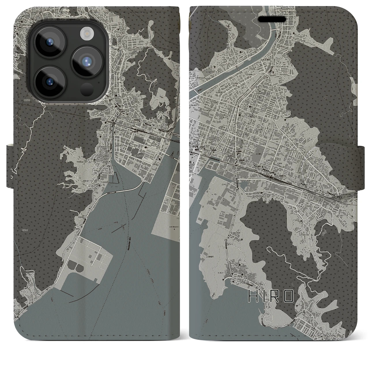【広(広島県)】地図柄iPhoneケース(手帳タイプ)モノトーン・iPhone 15 Pro Max 用