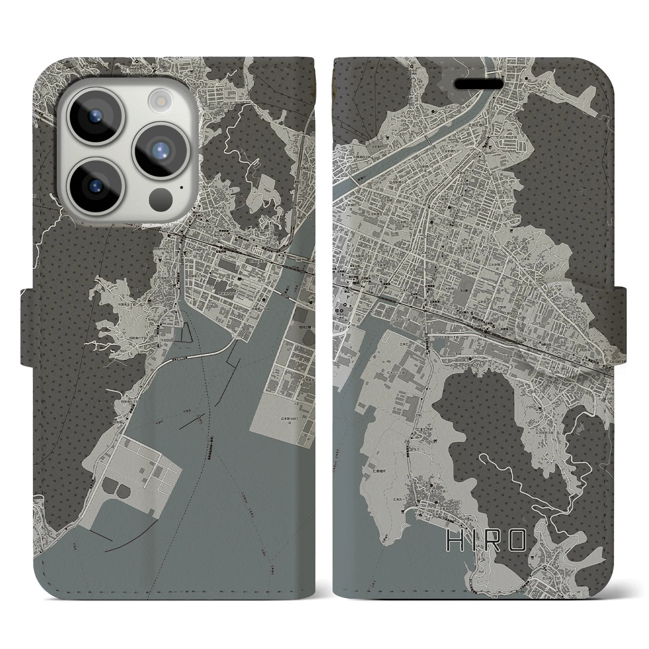 【広(広島県)】地図柄iPhoneケース(手帳タイプ)モノトーン・iPhone 15 Pro 用
