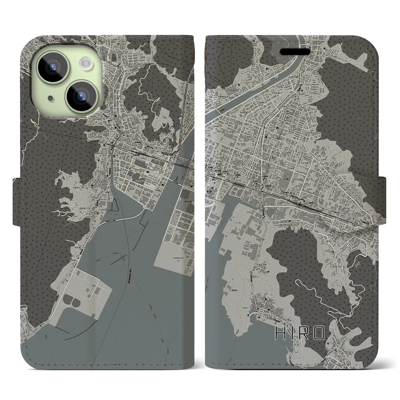 【広(広島県)】地図柄iPhoneケース(手帳タイプ)モノトーン・iPhone 15 用