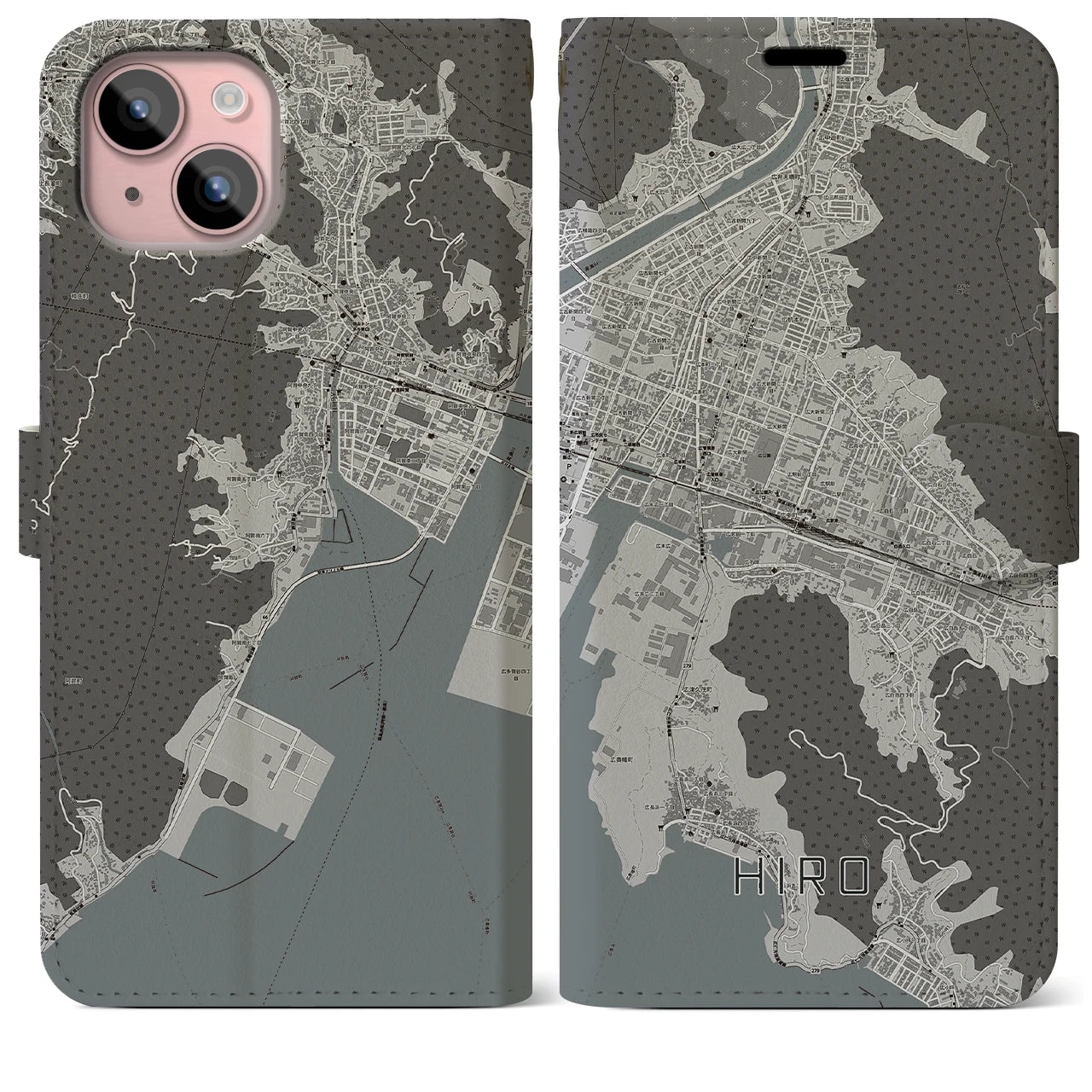 【広(広島県)】地図柄iPhoneケース(手帳タイプ)モノトーン・iPhone 15 Plus 用