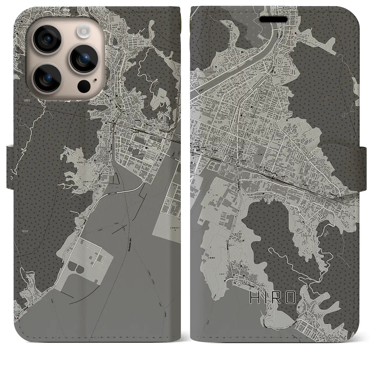 【広(広島県)】地図柄iPhoneケース(手帳タイプ)モノトーン・iPhone 16 Plus 用