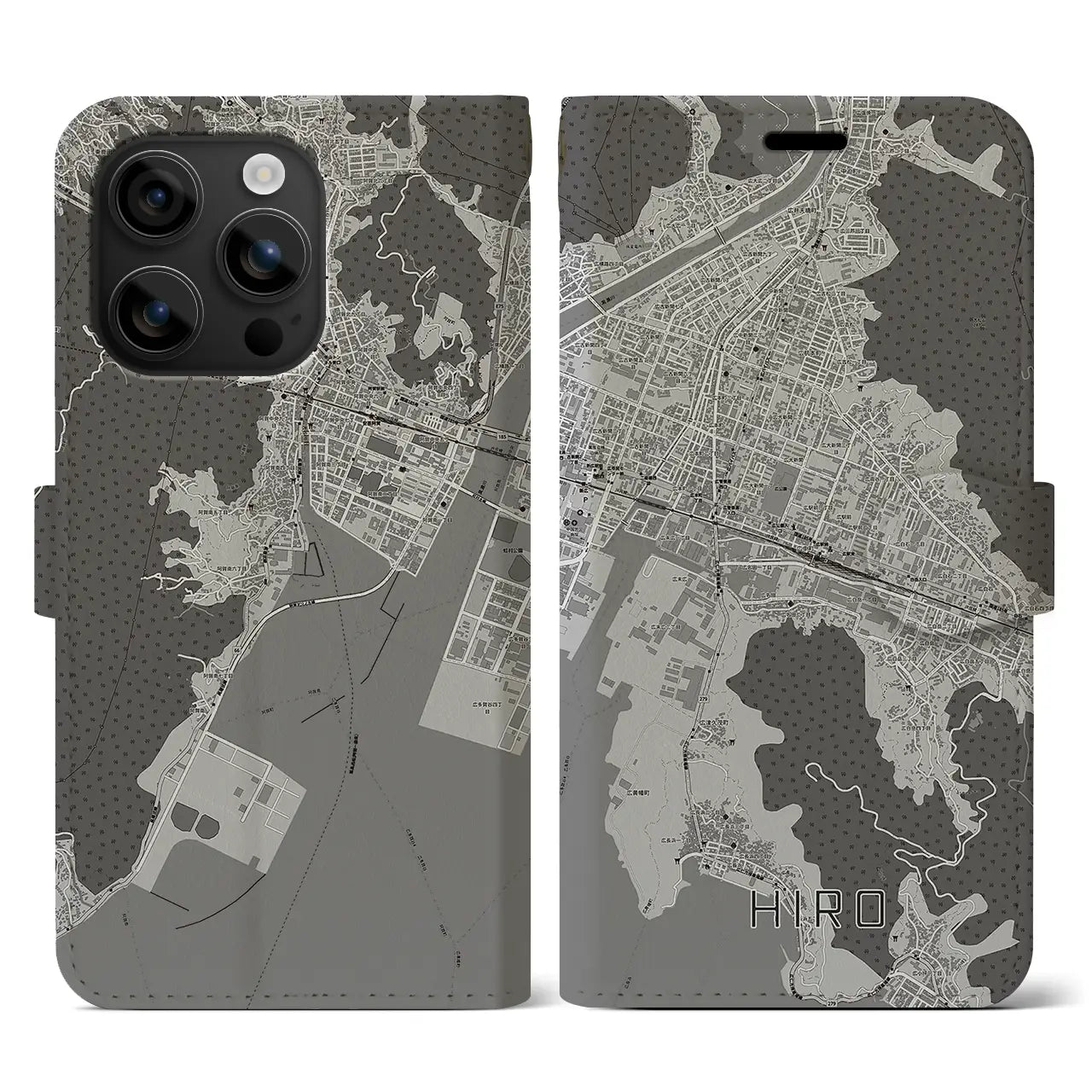 【広(広島県)】地図柄iPhoneケース(手帳タイプ)モノトーン・iPhone 16 用