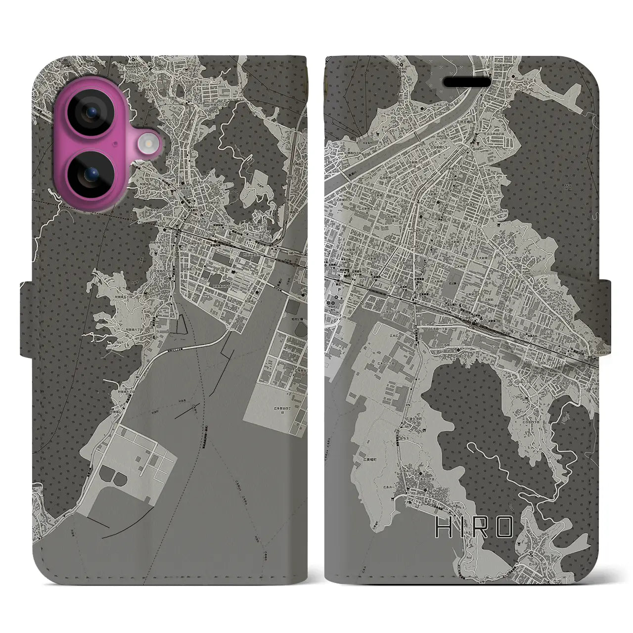 【広(広島県)】地図柄iPhoneケース(手帳タイプ)モノトーン・iPhone 16 Pro 用