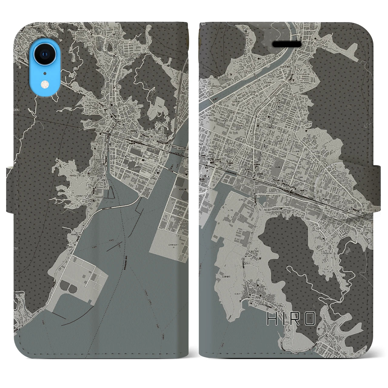 【広(広島県)】地図柄iPhoneケース(手帳タイプ)モノトーン・iPhone XR 用