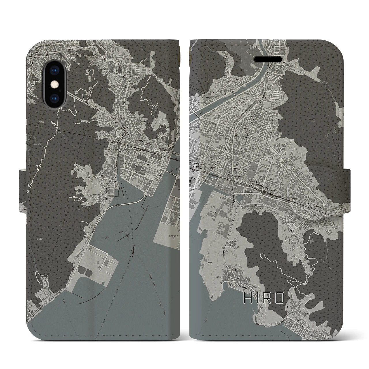 【広(広島県)】地図柄iPhoneケース(手帳タイプ)モノトーン・iPhone XS / X 用