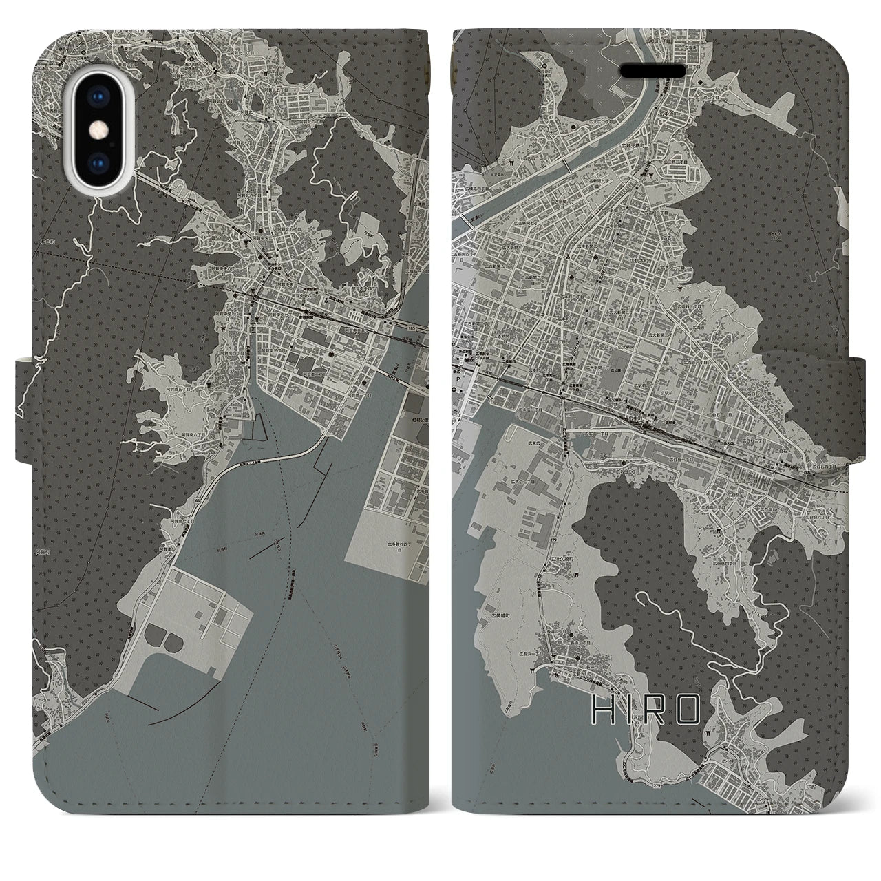 【広(広島県)】地図柄iPhoneケース(手帳タイプ)モノトーン・iPhone XS Max 用
