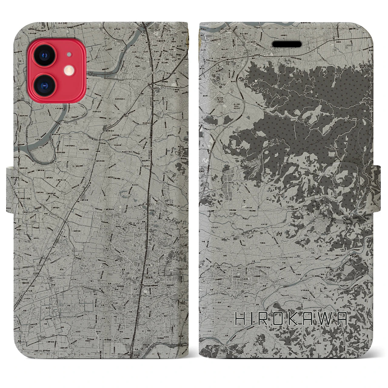 【広川(福岡県)】地図柄iPhoneケース(手帳タイプ)モノトーン・iPhone 11 用