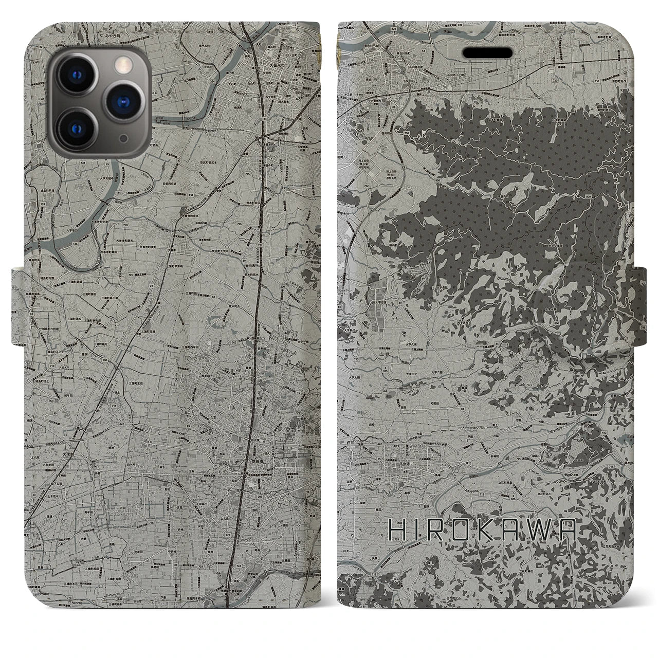 【広川(福岡県)】地図柄iPhoneケース(手帳タイプ)モノトーン・iPhone 11 Pro Max 用
