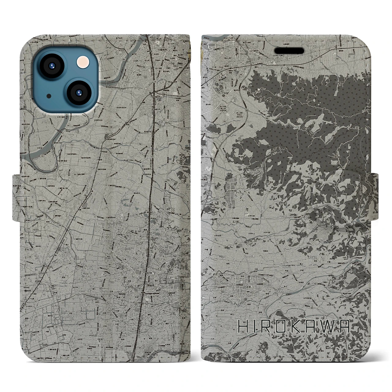 【広川(福岡県)】地図柄iPhoneケース(手帳タイプ)モノトーン・iPhone 13 用