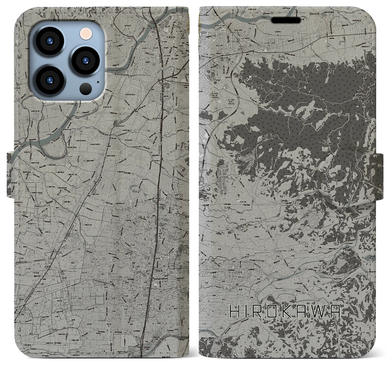 【広川(福岡県)】地図柄iPhoneケース(手帳タイプ)モノトーン・iPhone 13 Pro Max 用
