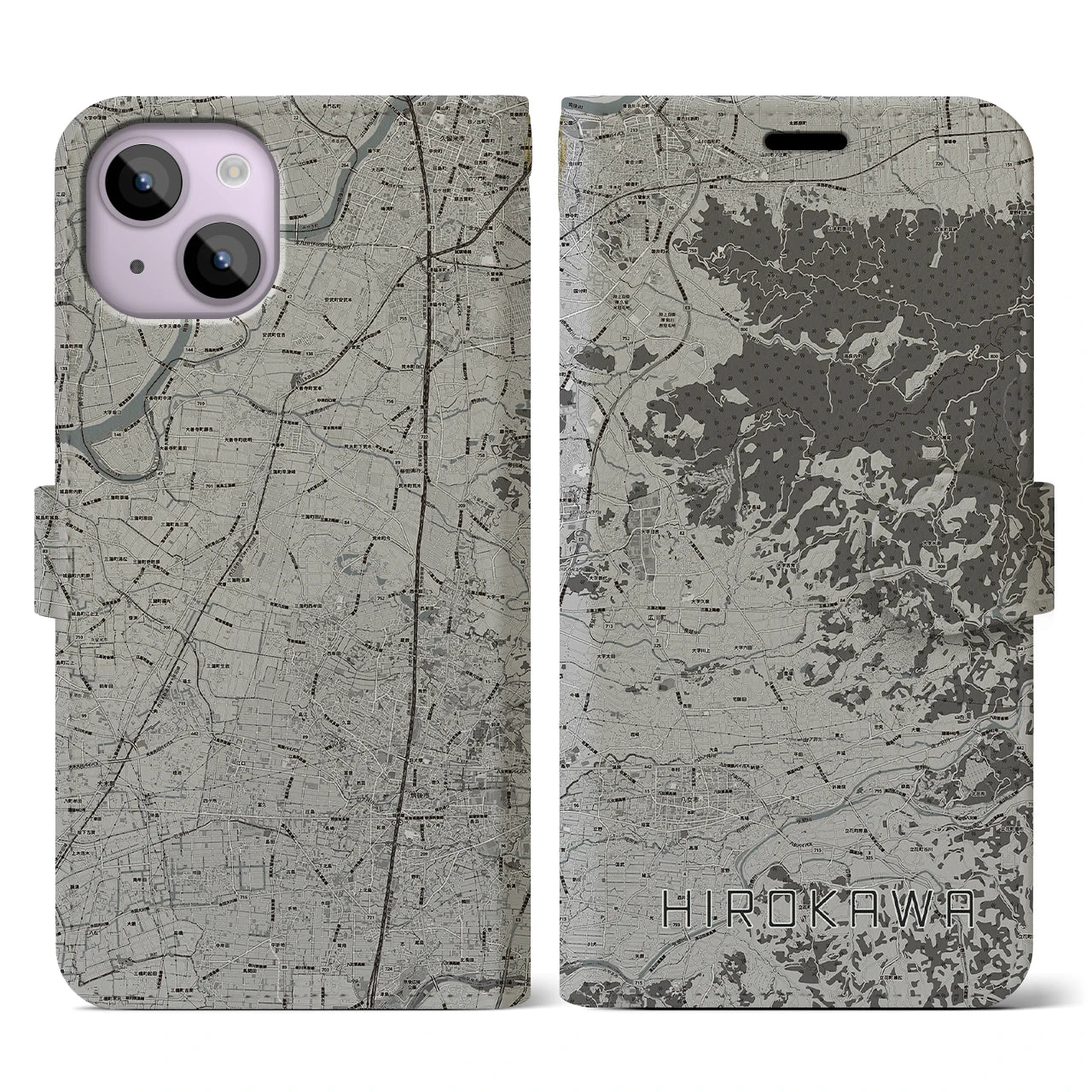 【広川(福岡県)】地図柄iPhoneケース(手帳タイプ)モノトーン・iPhone 14 用