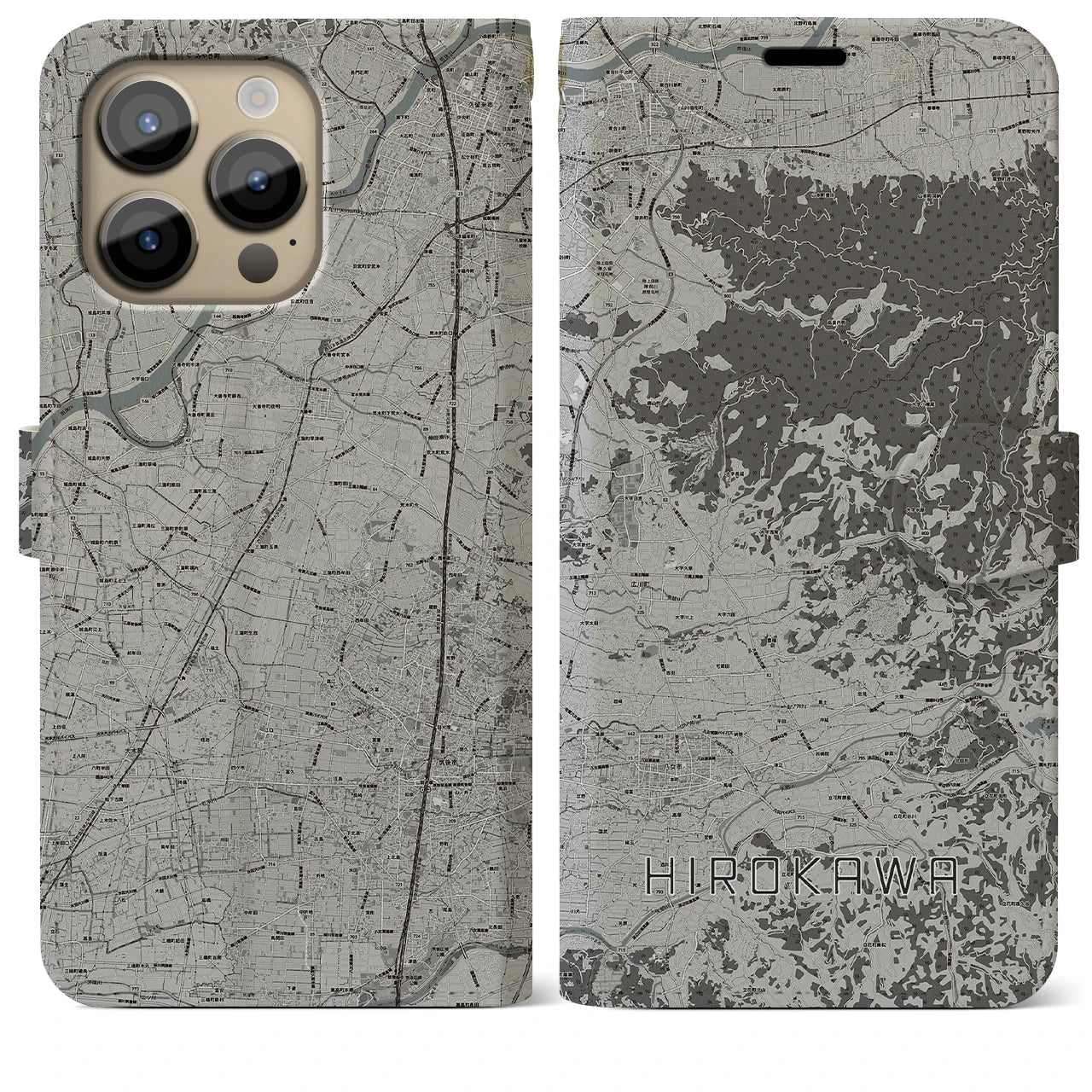 【広川(福岡県)】地図柄iPhoneケース(手帳タイプ)モノトーン・iPhone 14 Pro Max 用