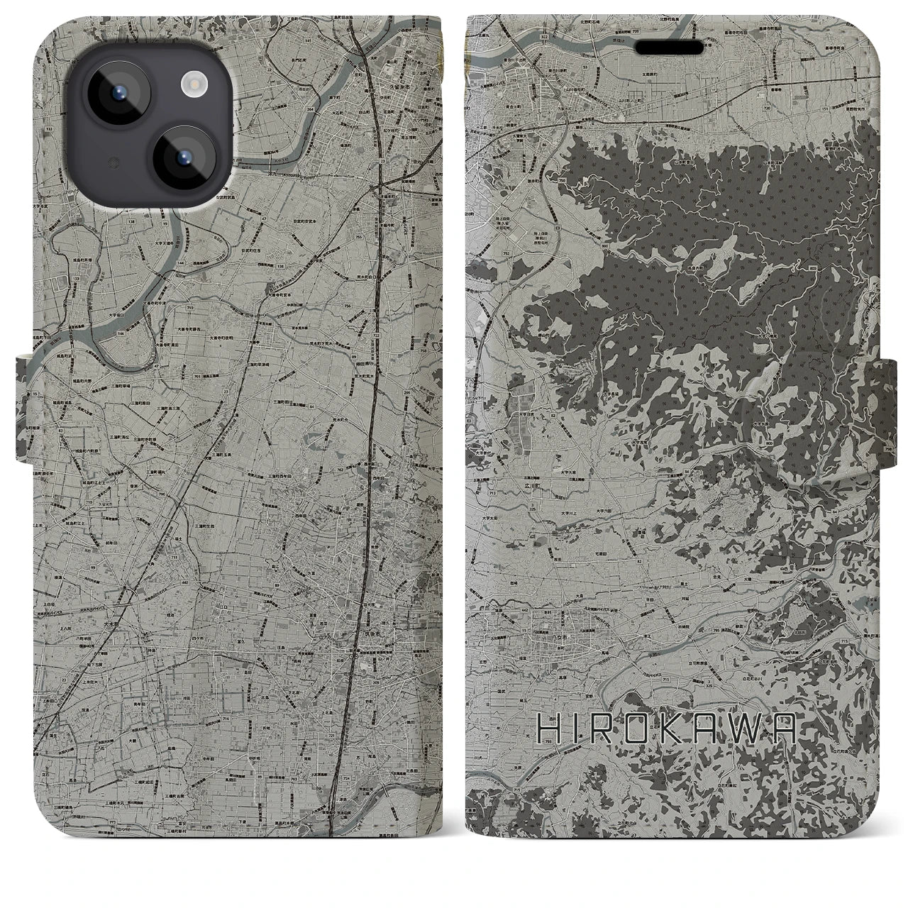 【広川(福岡県)】地図柄iPhoneケース(手帳タイプ)モノトーン・iPhone 14 Plus 用