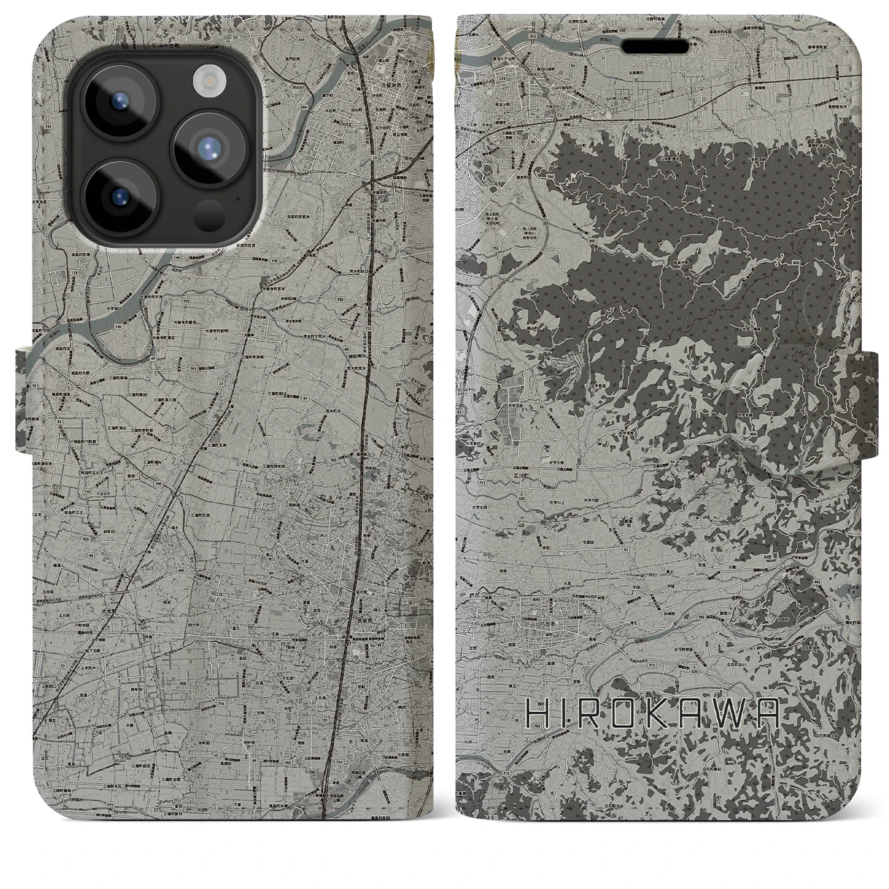 【広川(福岡県)】地図柄iPhoneケース(手帳タイプ)モノトーン・iPhone 15 Pro Max 用