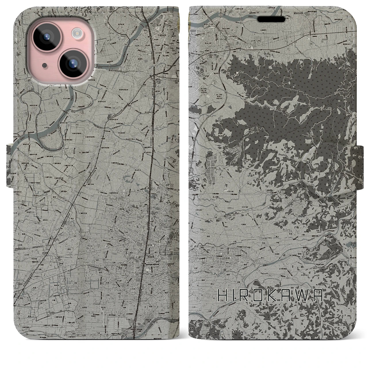 【広川(福岡県)】地図柄iPhoneケース(手帳タイプ)モノトーン・iPhone 15 Plus 用