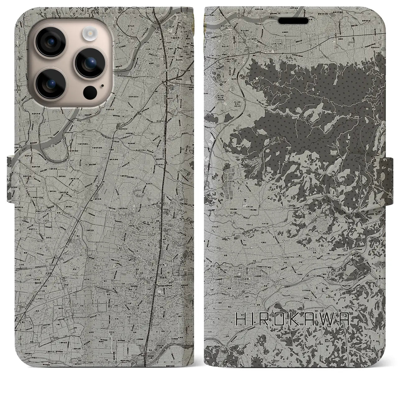 【広川(福岡県)】地図柄iPhoneケース(手帳タイプ)モノトーン・iPhone 16 Plus 用