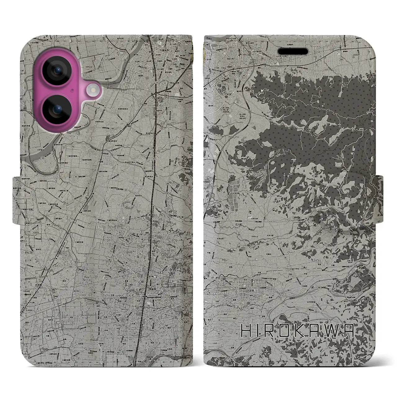 【広川(福岡県)】地図柄iPhoneケース(手帳タイプ)モノトーン・iPhone 16 Pro 用