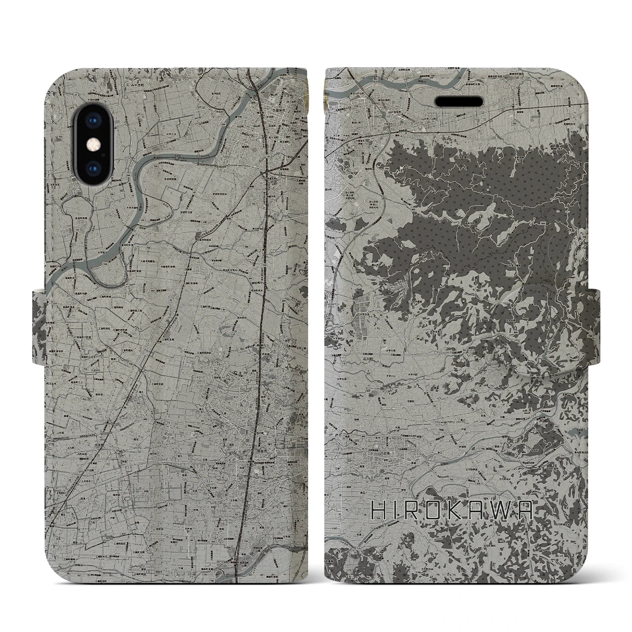【広川(福岡県)】地図柄iPhoneケース(手帳タイプ)モノトーン・iPhone XS / X 用
