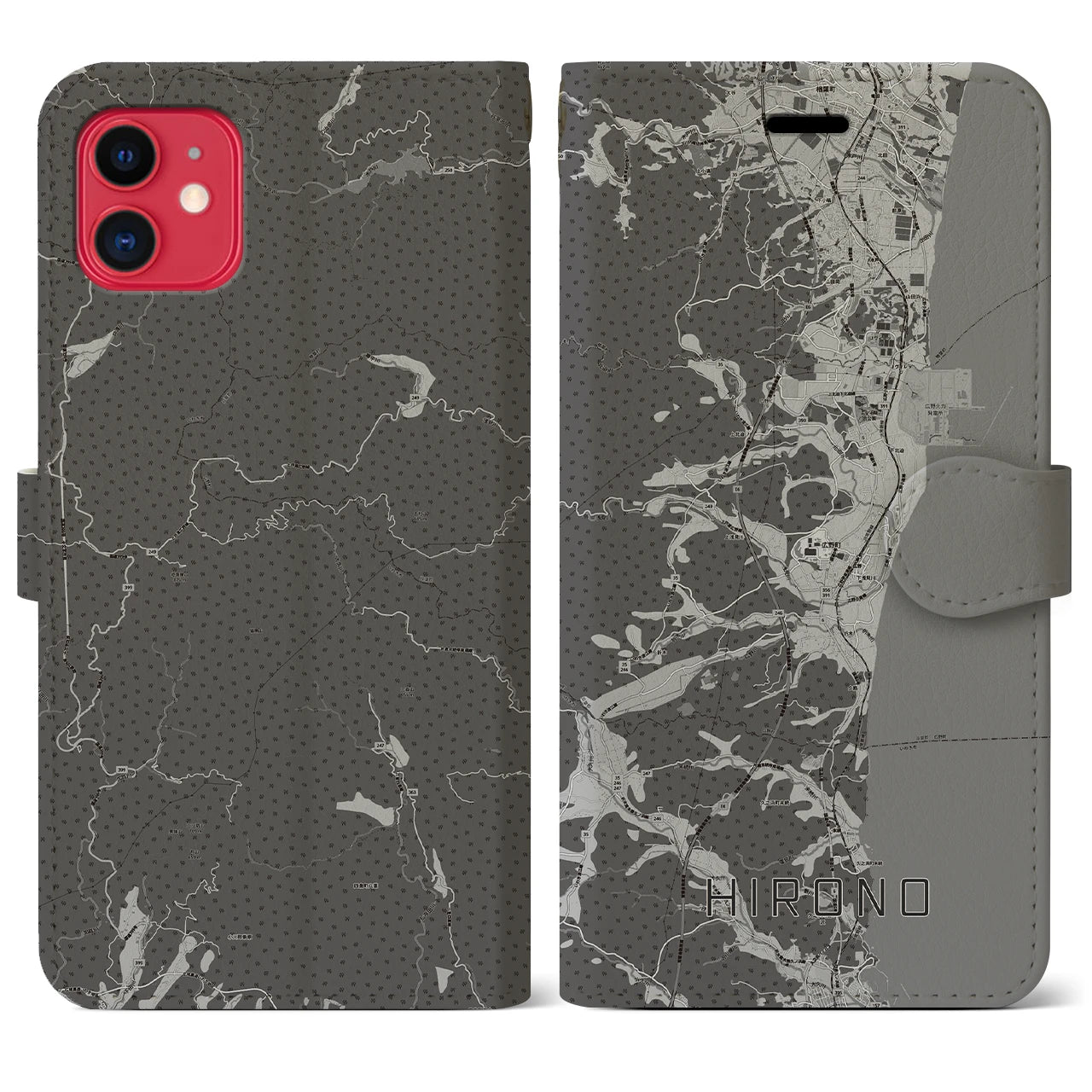 【広野(福島県)】地図柄iPhoneケース(手帳タイプ)モノトーン・iPhone 11 用