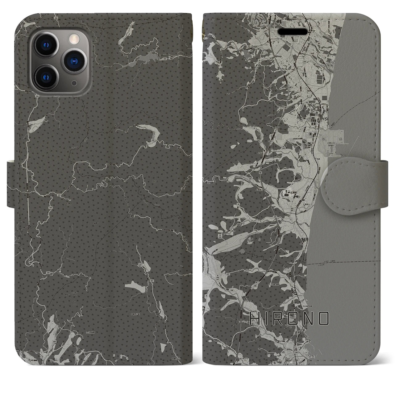 【広野(福島県)】地図柄iPhoneケース(手帳タイプ)モノトーン・iPhone 11 Pro Max 用