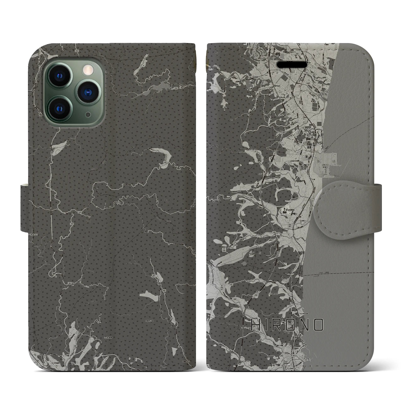 【広野(福島県)】地図柄iPhoneケース(手帳タイプ)モノトーン・iPhone 11 Pro 用