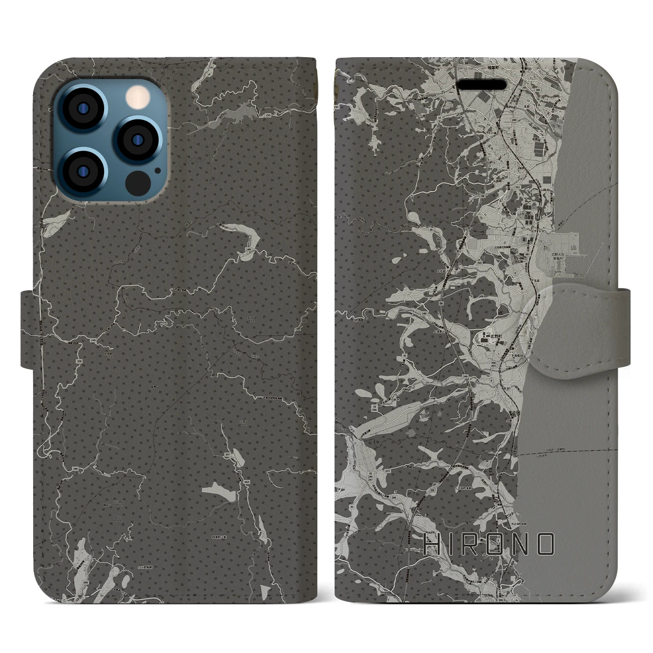 【広野(福島県)】地図柄iPhoneケース(手帳タイプ)モノトーン・iPhone 12 / 12 Pro 用