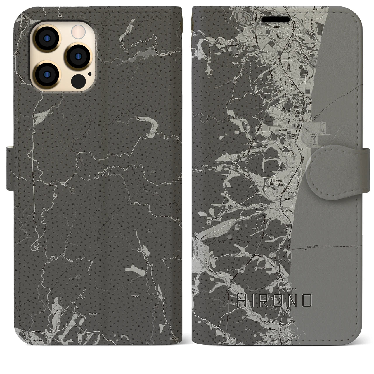 【広野(福島県)】地図柄iPhoneケース(手帳タイプ)モノトーン・iPhone 12 Pro Max 用