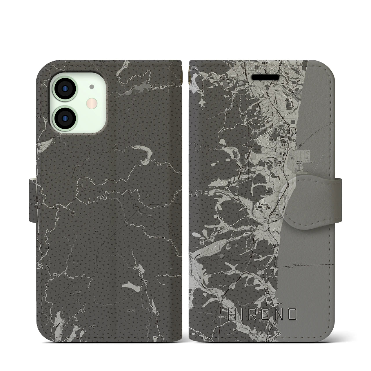 【広野(福島県)】地図柄iPhoneケース(手帳タイプ)モノトーン・iPhone 12 mini 用