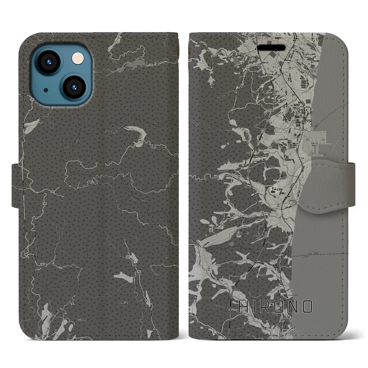 【広野(福島県)】地図柄iPhoneケース(手帳タイプ)モノトーン・iPhone 13 用