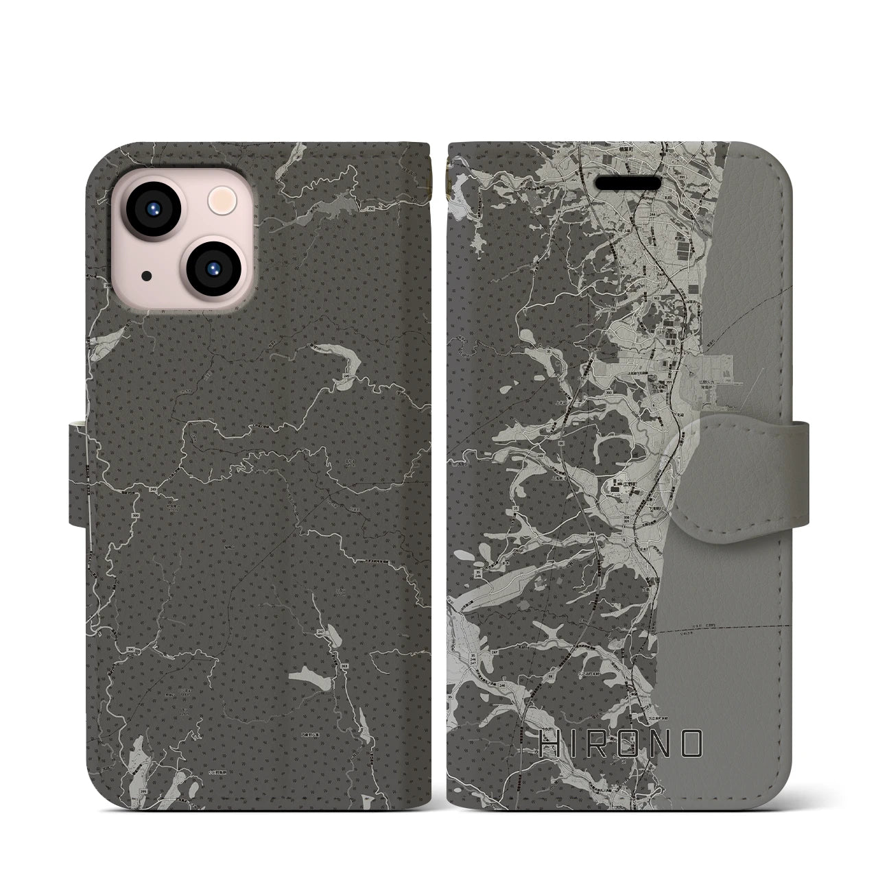 【広野(福島県)】地図柄iPhoneケース(手帳タイプ)モノトーン・iPhone 13 mini 用