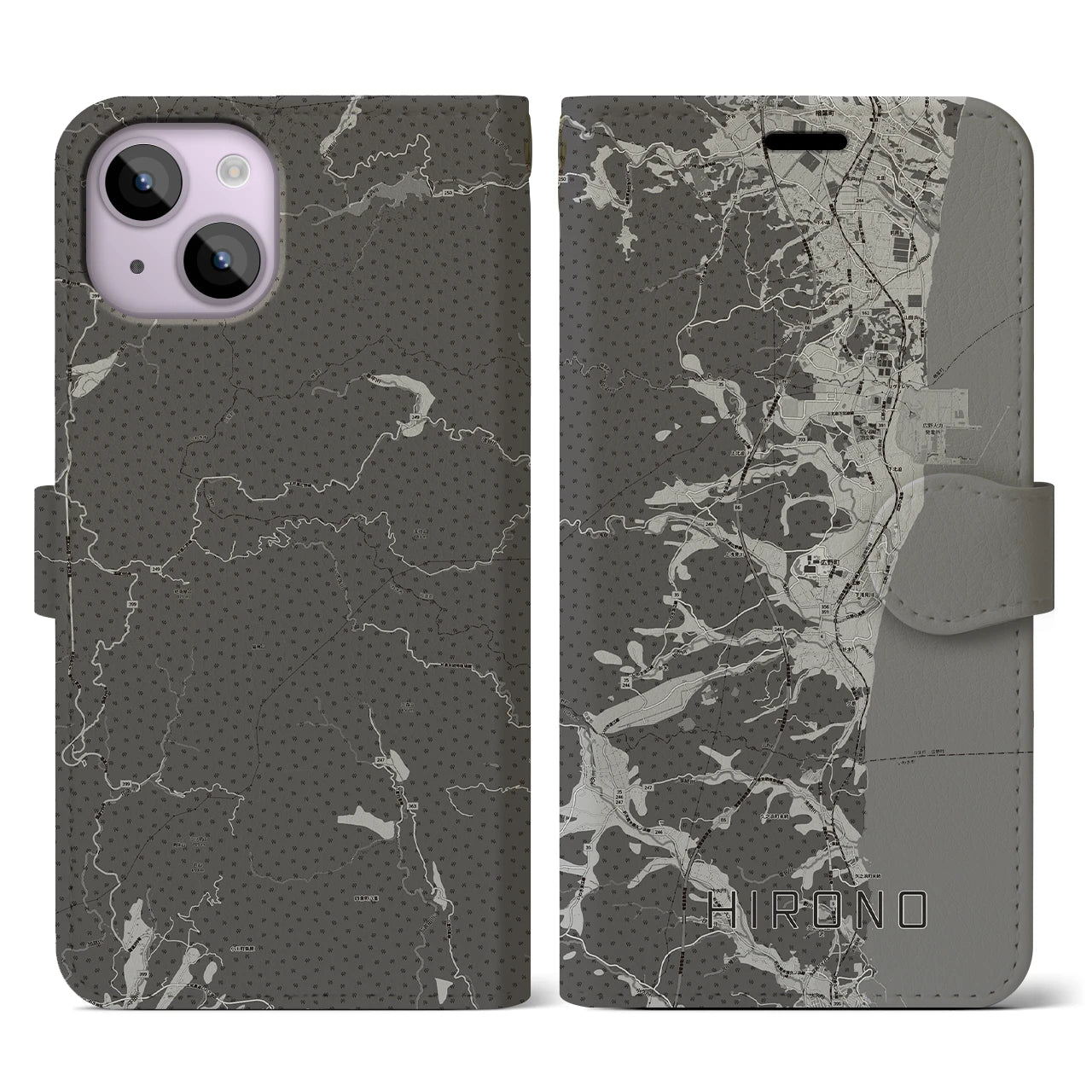 【広野(福島県)】地図柄iPhoneケース(手帳タイプ)モノトーン・iPhone 14 用