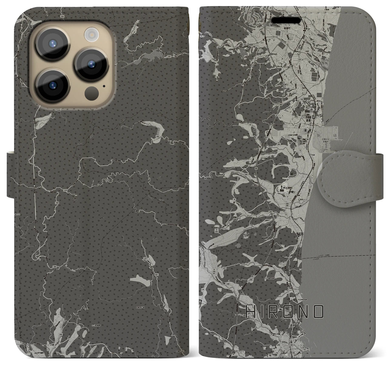 【広野(福島県)】地図柄iPhoneケース(手帳タイプ)モノトーン・iPhone 14 Pro Max 用