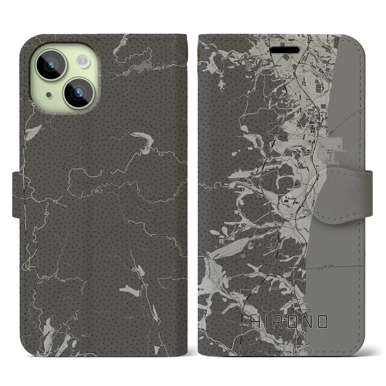【広野(福島県)】地図柄iPhoneケース(手帳タイプ)モノトーン・iPhone 15 用